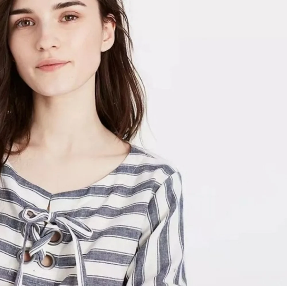 ❤️ MADEWELL STRIPED LINEN LACE UP TOP, SMALL